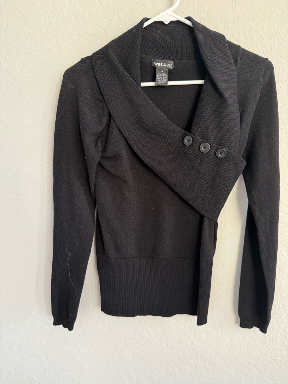 Wet Seal Vintage Y2K Black Asymmetrical Shawl Collar Button Detail Sweater M